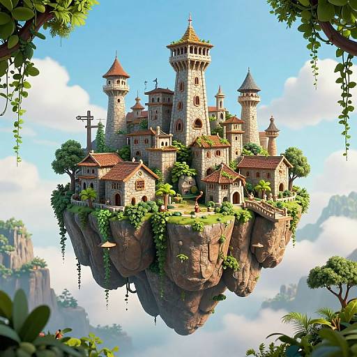 Digital fantasy illustration of a floating medieval stone castle with red-tiled roofs, surrounded by lush greenery and hanging vines, against a bright blue sky with