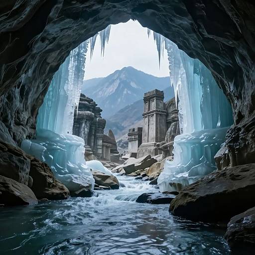 Photorealistic digital artwork of an icy cave entrance framing ancient, crumbling stone ruins with a mountainous, snowy background and a flowing river.