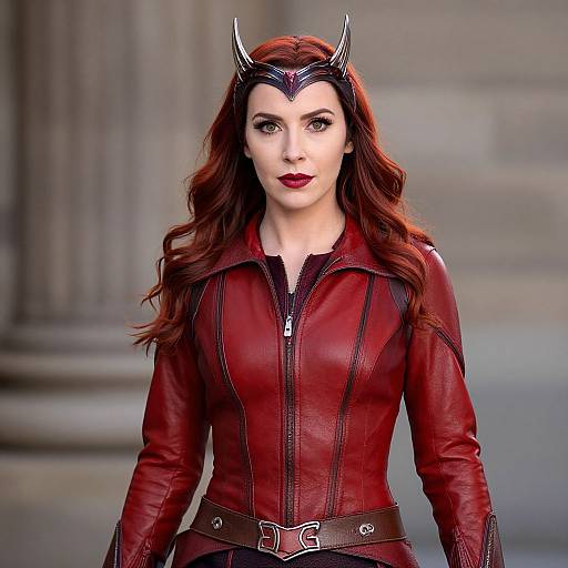 Photograph of a red-haired woman in a red leather suit with black accents and horned headpiece, standing against a blurred stone background. She has