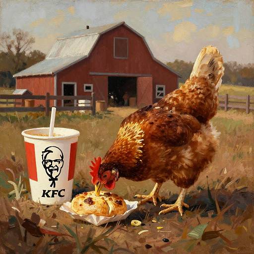 Chicken Eating KFC on Vintage Farm