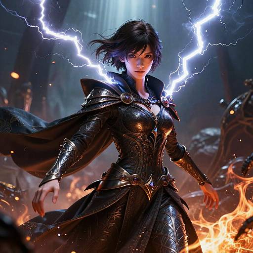 Cloaked Sorceress Casting Lightning on Battlefield