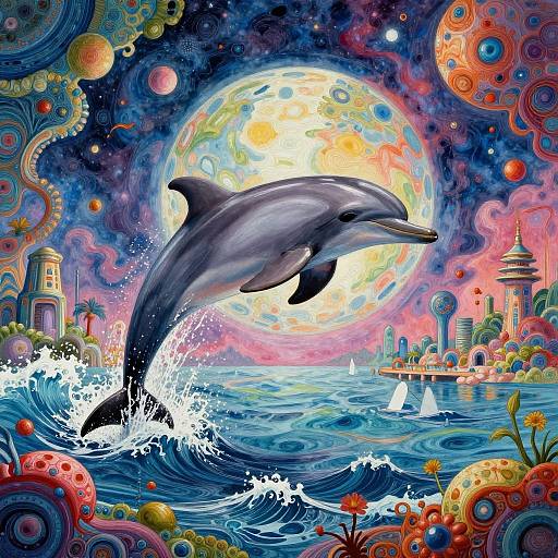 Vibrant digital painting of a dolphin leaping from colorful, swirling ocean waves, with a radiant sun, surreal cityscape, and whimsical planets