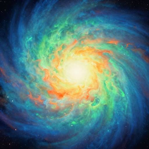 Photograph of a vibrant, swirling galaxy with a bright, yellow-orange core surrounded by blue and green nebulae, set against a dark starry