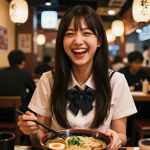 Photograph of a smiling Asian woman with long black hair, wearing a white school uniform with a black bow, holding a bowl of noodles in a warmly
