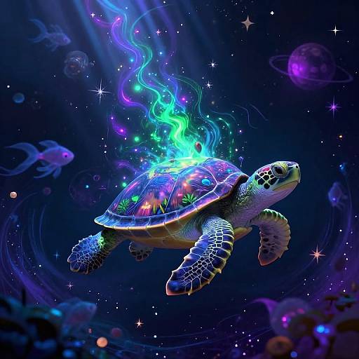 Digital artwork of a glowing turtle with a neon, ethereal shell surrounded by vibrant stars, planets, and cosmic energy in a deep blue, starry