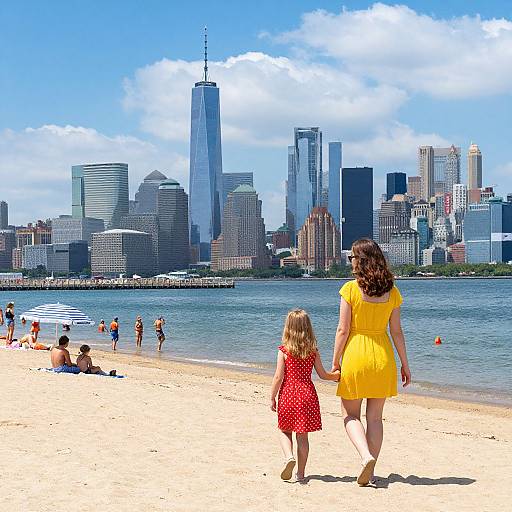 Photograph of a woman and young girl in yellow and red dresses holding hands on a sunny beach, walking towards a city skyline with the One World Trade
