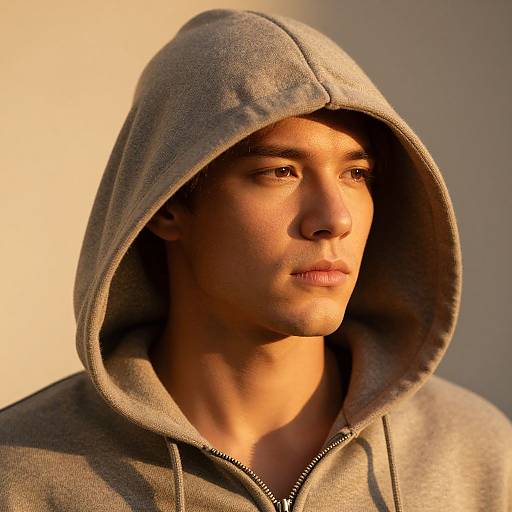 Photograph of a young man with olive skin, wearing a gray hooded sweatshirt, gazing thoughtfully into the sunlight. Warm, golden light