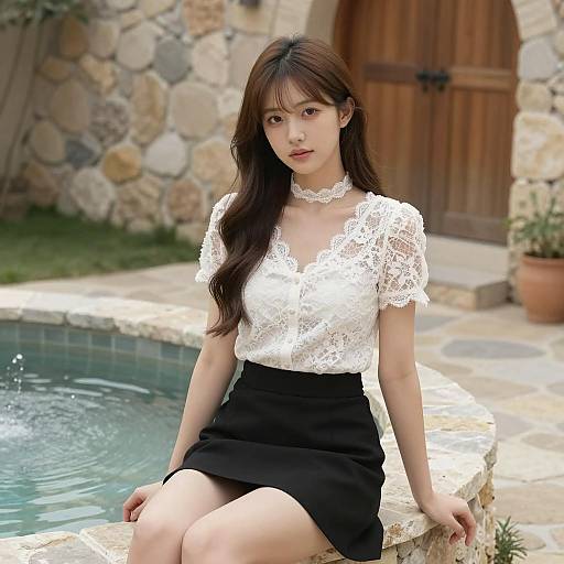 Elegant Woman by Stone Pool Scene