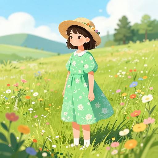 Girl in Floral Dress in Meadow
