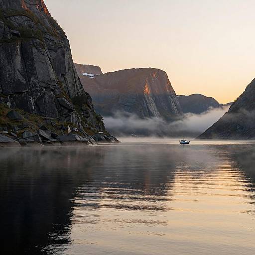 Morning Mist Over Rocky Fjord with Small Boat