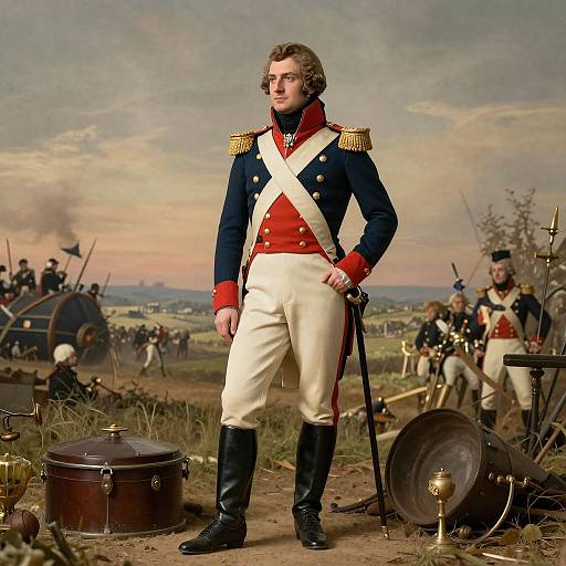 Photograph of a young, curly-haired Caucasian male soldier in 18th-century British military uniform, standing confidently with drum and cannons in a grassy
