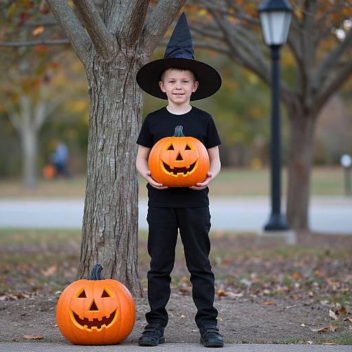 Young boy in black witch hat and outfit, holding a carved pumpkin, standing by tree with another pumpkin on ground. Autumn park background. Photograph.