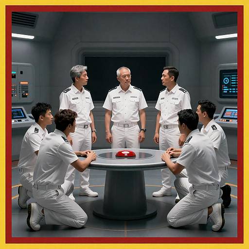 Men in White Uniforms Around Futuristic Table