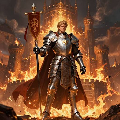 Heroic Noble Paladin Before Burning Fortress
