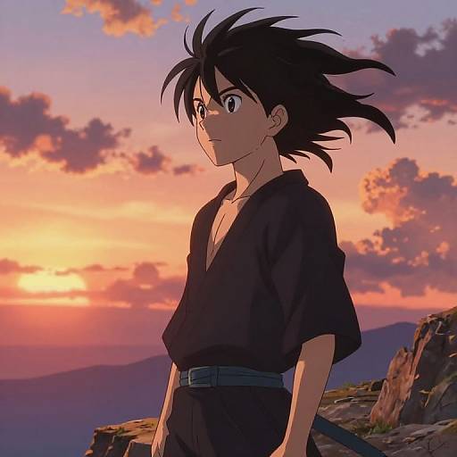 Heroic Anime Protagonist at Sunset