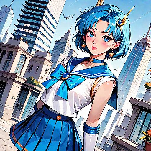 Anime Style Magical Girl in Blue Sailor Uniform