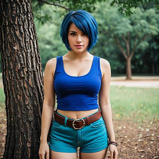 Woman with Blue Hair Standing Outdoors