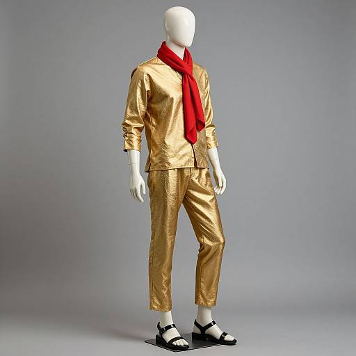 Photograph of a faceless mannequin in gold metallic pants and jacket, red scarf, and black sandals, against a plain gray background.