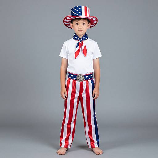 Photograph of a young boy standing barefoot, wearing a white shirt, red-white-blue striped pants, star-spangled hat, and scarf, against