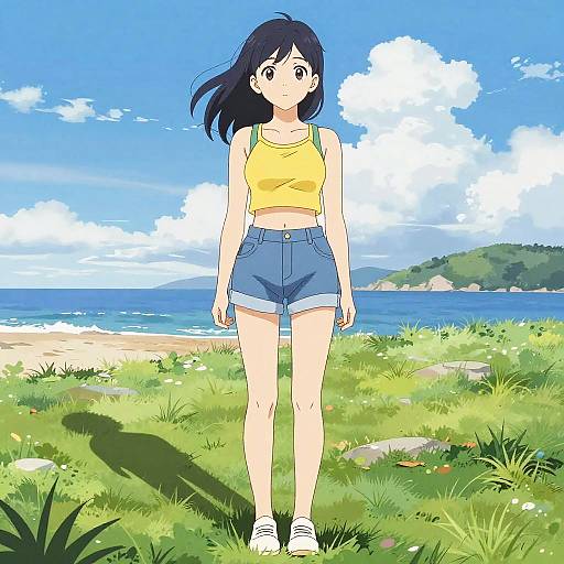 Anime Girl Standing on Beach Grass