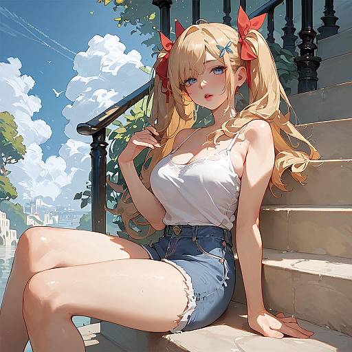 Blonde Anime Girl Sitting on Stairs in Summer