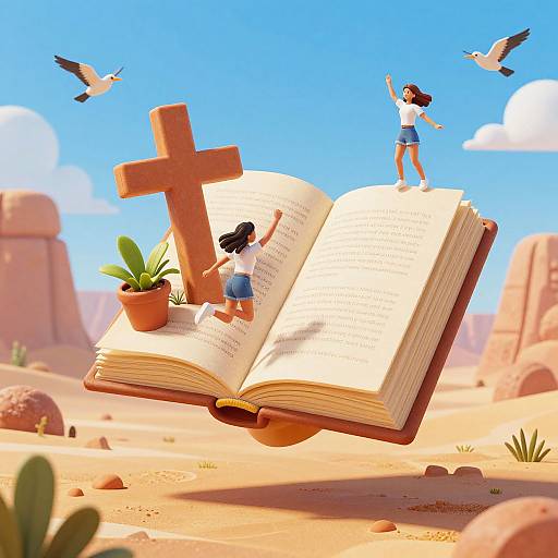 Digital illustration of two girls in a desert, one reading an open floating book with a cross, the other dancing on top, surrounded by birds and c