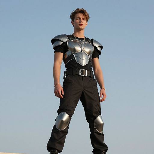 Photograph of a young man with short, curly brown hair, wearing silver armor over black pants, standing against a clear blue sky.