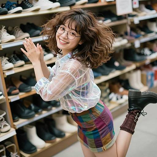 Photograph of a smiling Asian woman with wavy brown hair, glasses, translucent white blouse, colorful plaid skirt, and black boots, dancing in