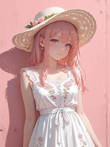 Young Woman in Floral Summer Dress with Wide Brimmed Hat