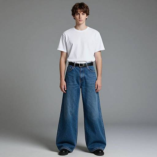 Photograph of a young man with curly brown hair, wearing a plain white t-shirt and loose, high-waisted, blue jeans against a plain