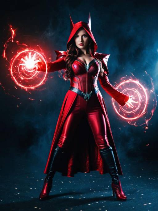 Woman in Scarlet Witch Costume with Magic Effects