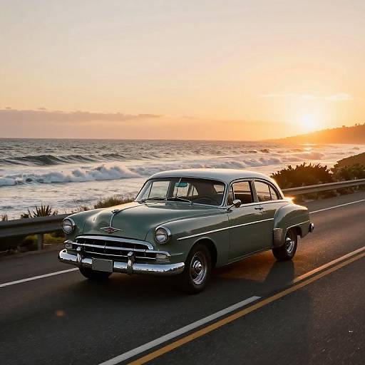 Photograph of a vintage, green, classic car driving along a coastal road during a golden sunset, with crashing waves in the background.