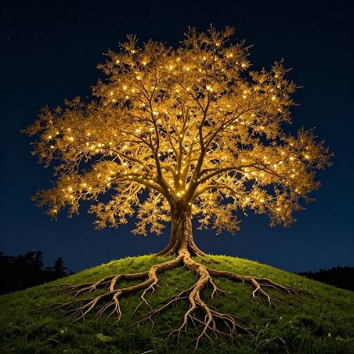 Photograph of a glowing, golden-hued tree with illuminated leaves, standing on a grassy hill, against a dark blue night sky. Tree's