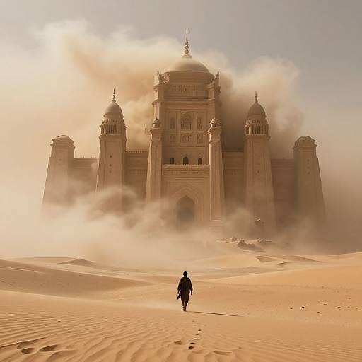 Photograph of a lone figure in dark clothing walking towards a mist-covered, grand, sandstone palace with domed towers in a vast, sunlit