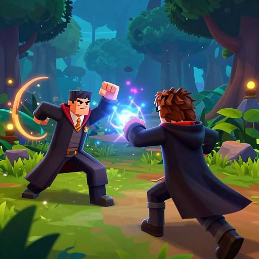 Digital illustration of two blocky, anime-style characters in a forest duel, exchanging glowing punches amid glowing lights and lush greenery.