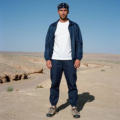 Photograph of a bearded man in a white t-shirt, black jacket, and pants, wearing a bandana and striped shoes, standing on a
