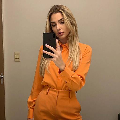 Blonde Woman Mirror Selfie in Orange Outfit