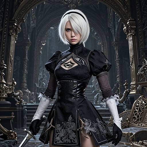 Digital art of a white-haired, blue-eyed woman in a black gothic dress with white gloves and lace, standing in a dark, ornate cathedral