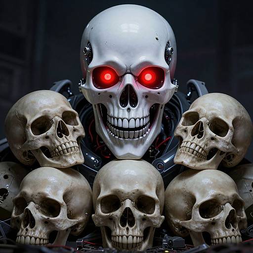 Photograph of a glowing red-eyed, white skull with cybernetic implants, surrounded by five beige human skulls, against a dark, industrial background.