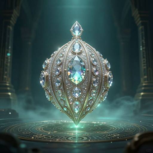 Glowing, ornate, crystal-encrusted sphere with a large central gem, floating on a circular, patterned platform in a dark