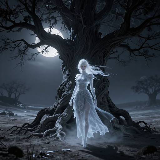 Digital artwork of a glowing white woman in a flowing dress, standing before a large, dark tree under a full moon.