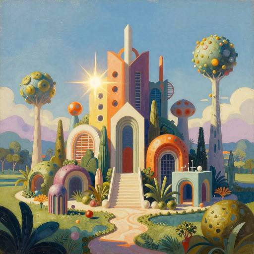 Vibrant digital painting of a surreal, colorful house with orange and pink arches, surrounded by whimsical, fruit-decorated trees and lush