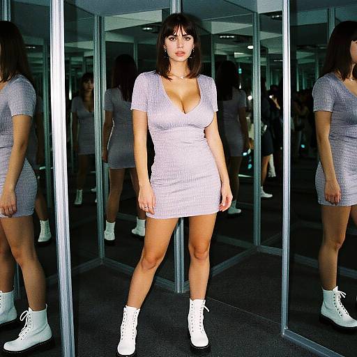 Photograph of a young woman with dark hair, wearing a white, short-sleeve, V-neck, checkered mini dress and white high-top