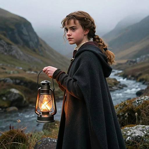 Photograph of a young, fair-skinned girl with brown braided hair, wearing a dark cloak, holding a lit lantern, standing in a mist