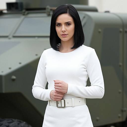 Photograph of a serious-looking woman with straight black hair, wearing a white long-sleeve dress and belt, standing in front of a military tank