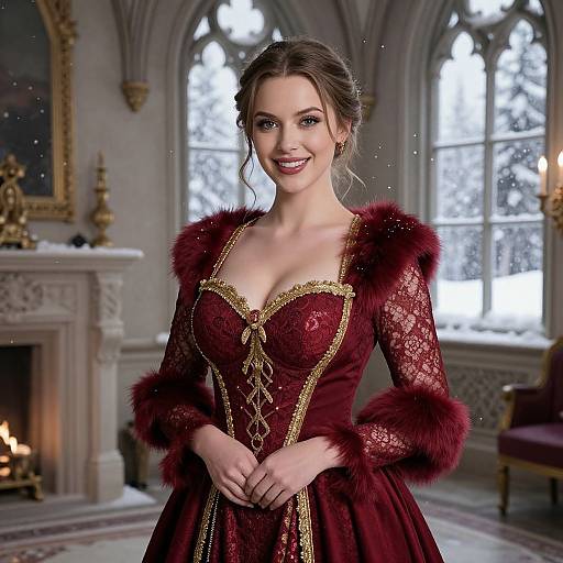 Digital artwork of a smiling woman in a red, lace, and fur-trimmed Renaissance-style dress, standing in an elegant, candlelit room with