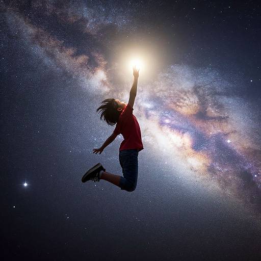Silhouetted child in red shirt and shorts leaps against a bright, star-filled Milky Way galaxy, reaching for a glowing sun. Digital art.