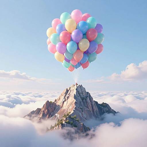 Photograph of a colorful balloon bouquet floating above a sunlit, rocky mountain peak shrouded in clouds under a clear blue sky.