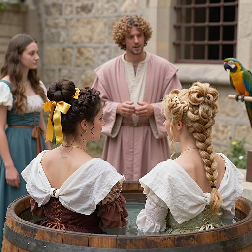 Medieval Scene with Two Women in Barrel