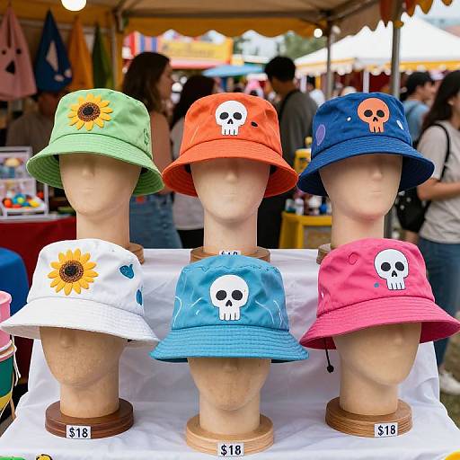 Photograph of four faceless mannequin heads wearing colorful bucket hats with skull or sunflower designs, displayed outdoors at a market.